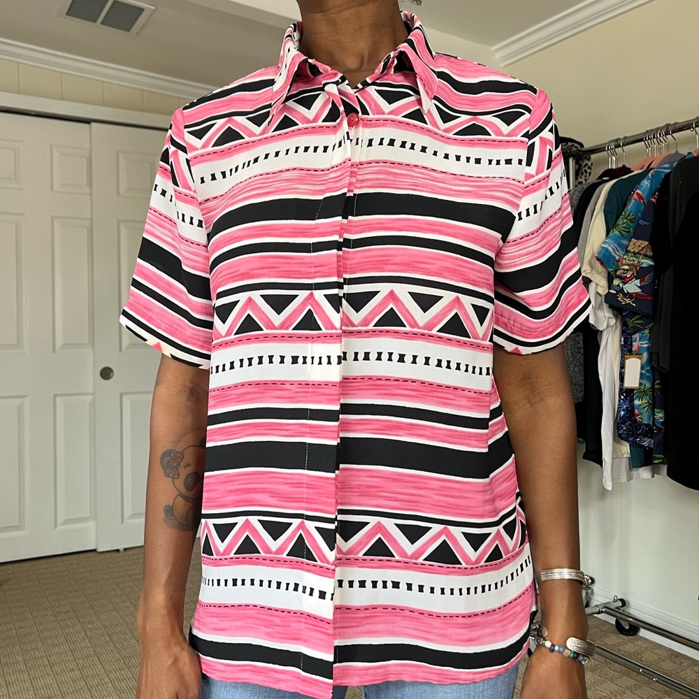 Black and pink funky design button up blouse shirt top Alfred Dunner size 10 - Picture 5 of 7